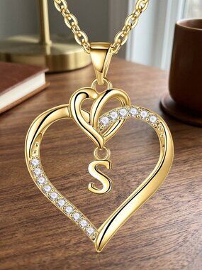 Gold Heart Initial Necklace Letter S CZ Open Heart Pendant Personalized Gift